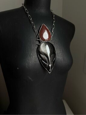 Silver Sheen Obsidian Alien Red Jasper statement necklace pendant chunky bold